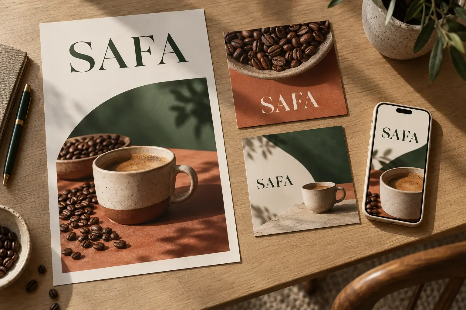 One coffee campaign shown across a poster, social cards and a phone