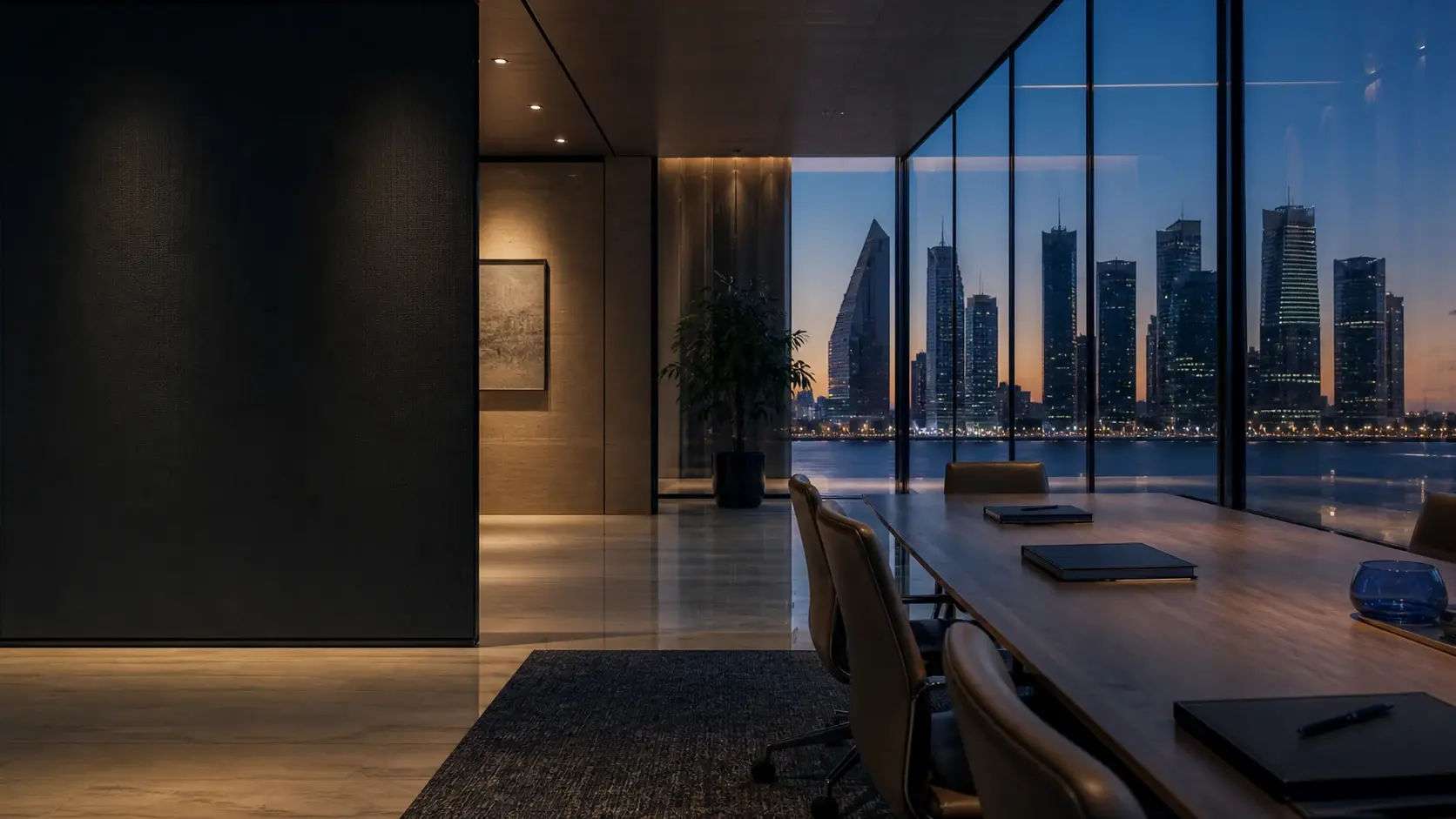 A Doha boardroom at dusk overlooking the West Bay skyline