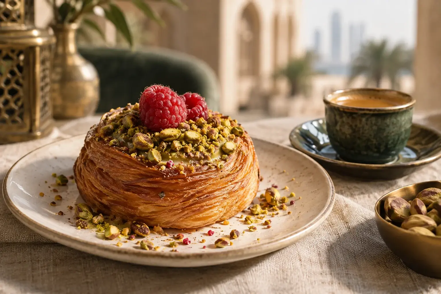 Close-up of a pistachio pastry and espresso in soft window light