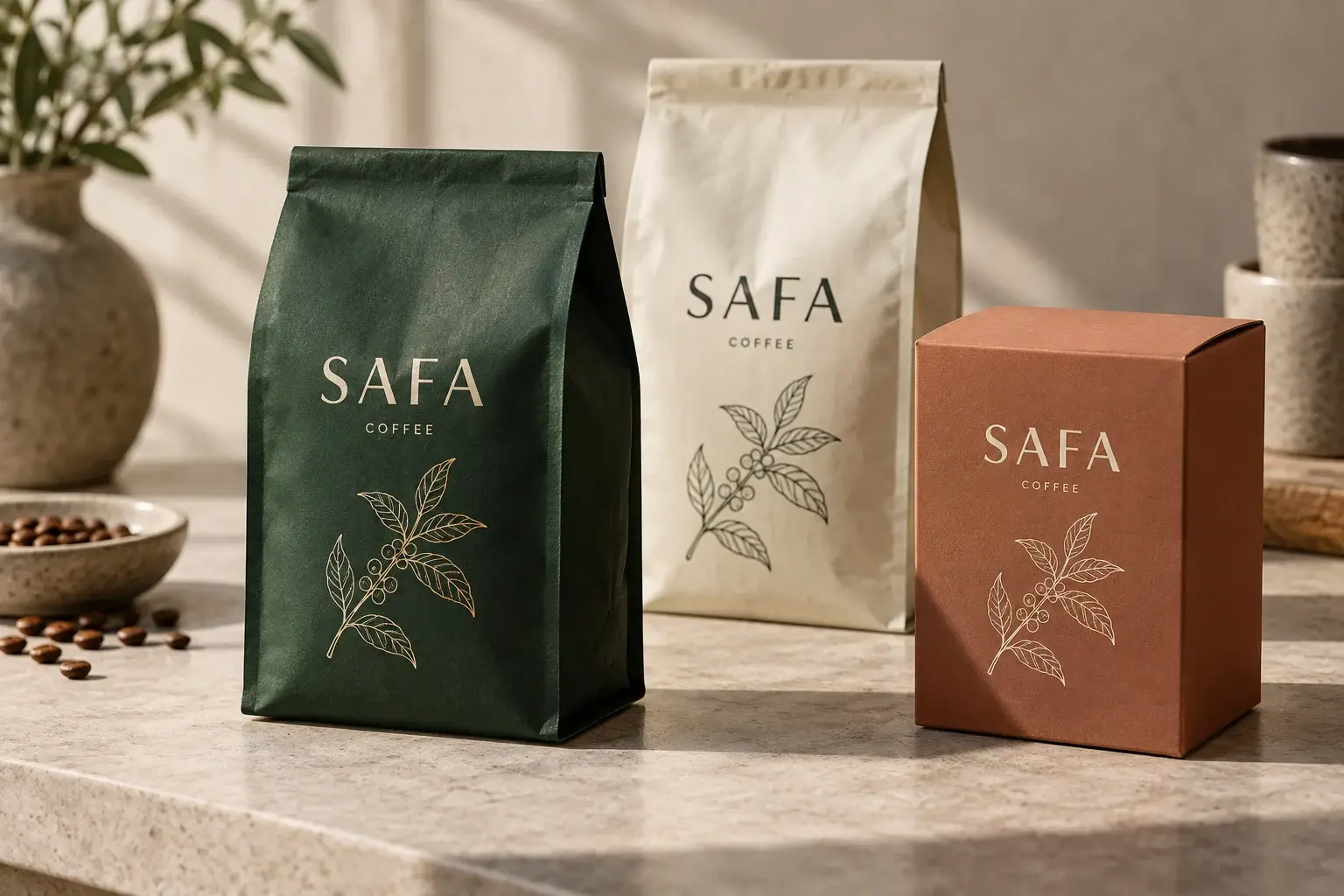 SAFA coffee packaging concept in forest green, ivory and terracotta