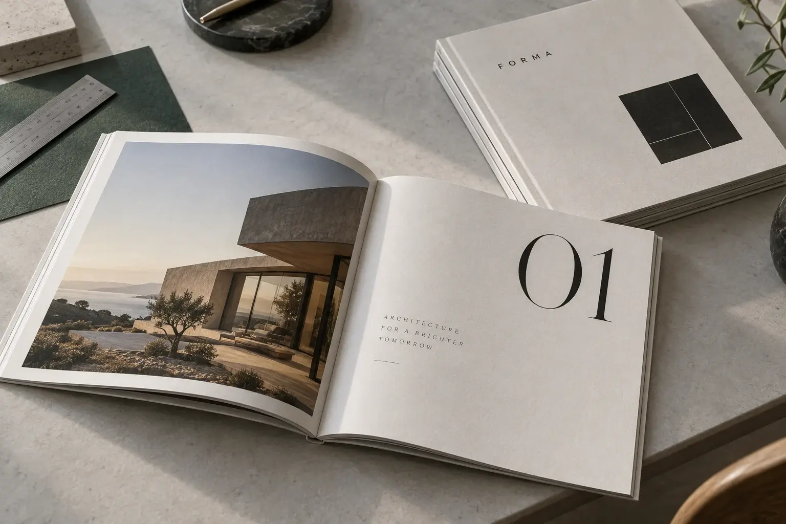 architecture brochure concept showing paper texture and editorial page layout
