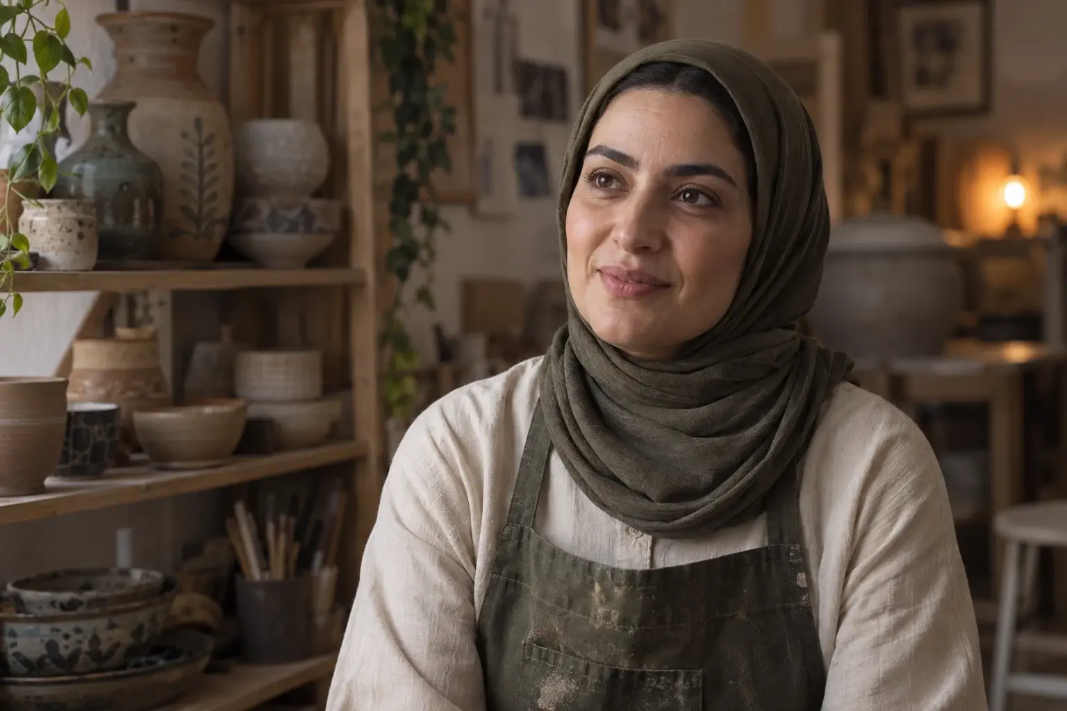Documentary-style interview frame of a ceramic artist in her studio