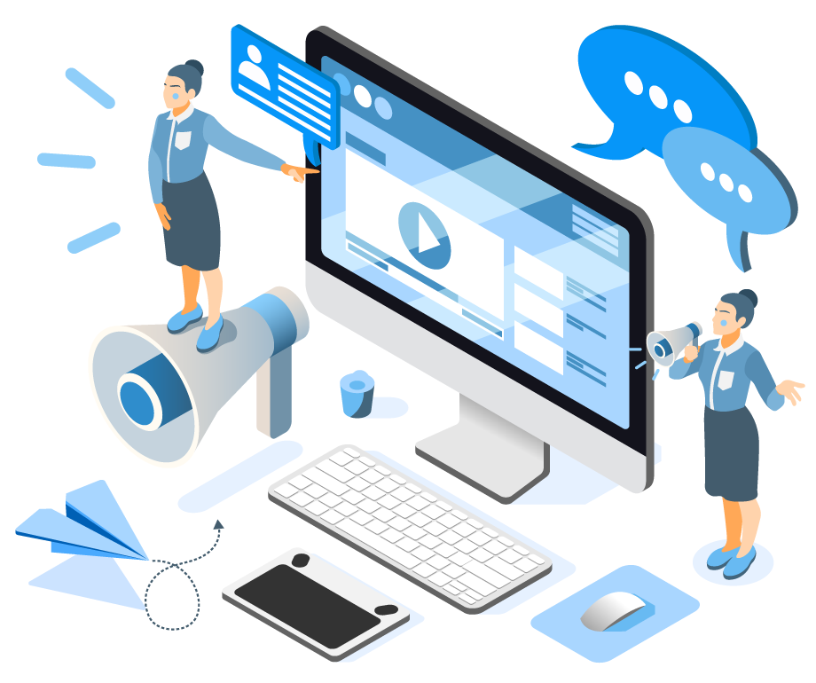 smm-isometric-composition A developer develops a website