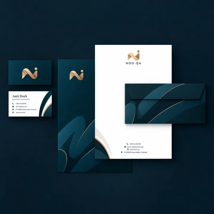 Dark navy business cards, envelope and letterhead with a gold mark