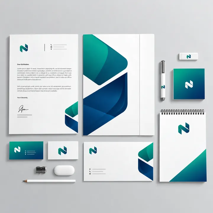 Teal geometric folder, letterhead, notebook and business cards