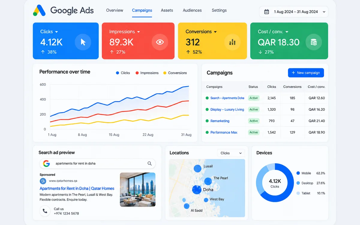 Google Ads dashboard for a Doha real estate campaign