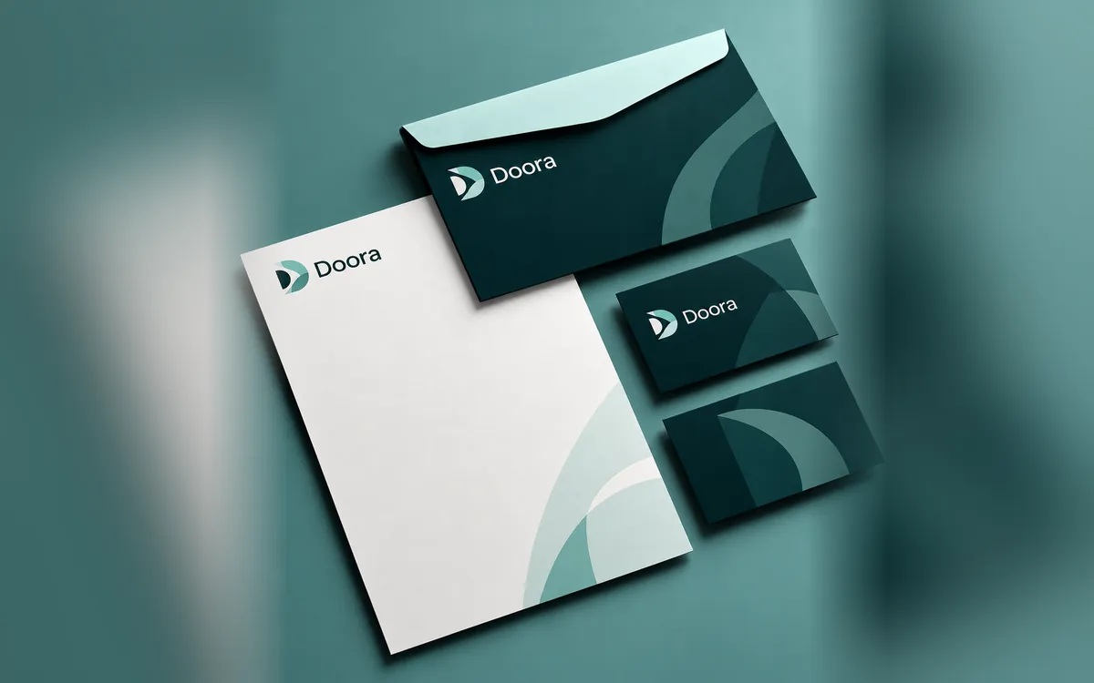 Doora letterhead, envelope and business cards in deep teal
