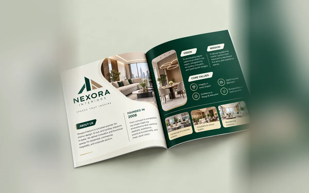 Nexora Interiors company profile open on its about and values pages