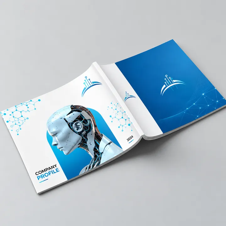 Technology company profile cover with an AI figure