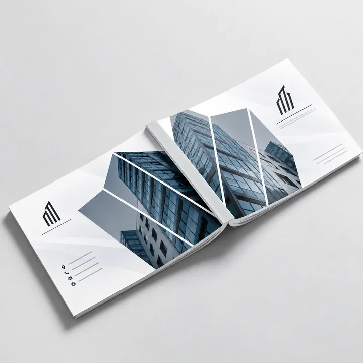 Minimal architecture brochure spread with glass towers