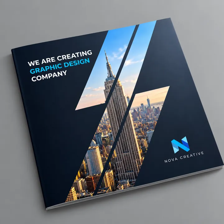 Nova Creative brochure cover with a city tower