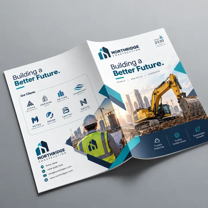 Northridge Construction brochure spread with client logos