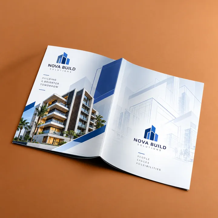 Nova Build Solutions brochure spread with a residential building