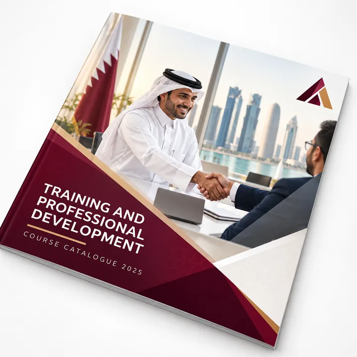 Training course catalogue cover with two businessmen shaking hands